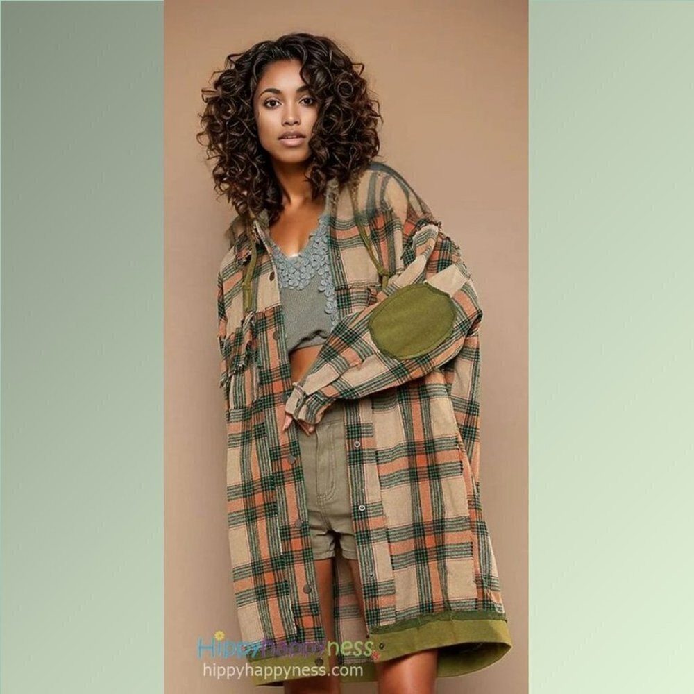 New POL Shacket Jacket Oversized Plaid Hoodie Beige Orange Green NWT